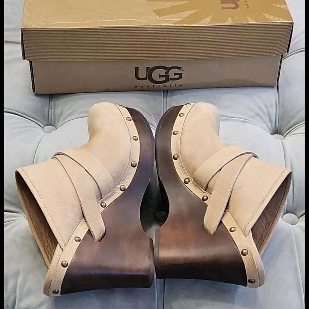 UGG Natalee Beige Leather Buckle Slip On Studded Platform Mules Womens Shoes 11 - Picture 6 of 15